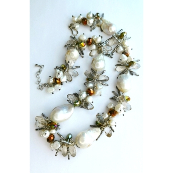 LUXURIOUS White Baroque Pearl Swarovski Crystal long short necklace - Picture 3 of 7